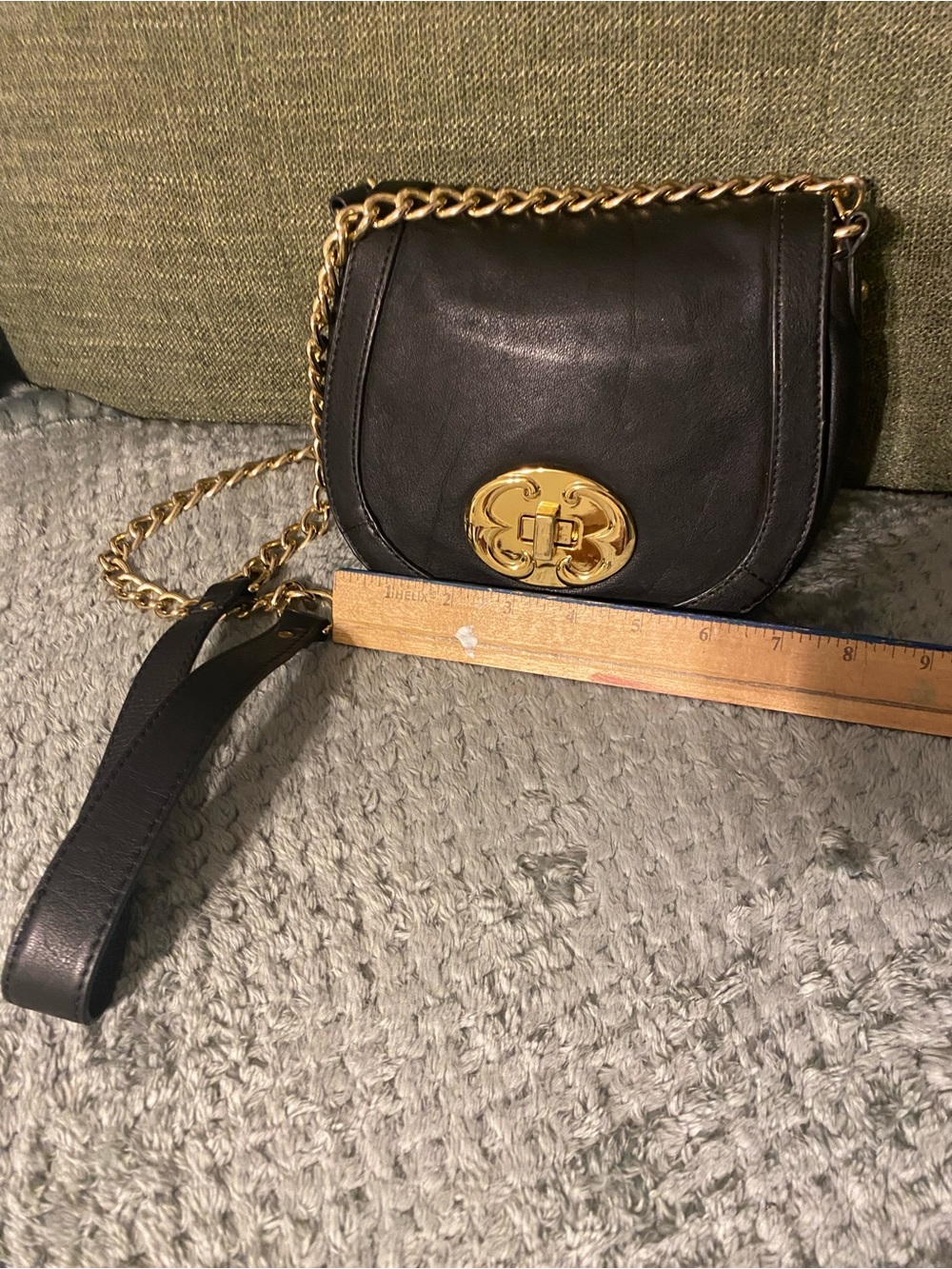 Emma Fox Black Leather Crossbody with Gold Chain and Medallion Lock